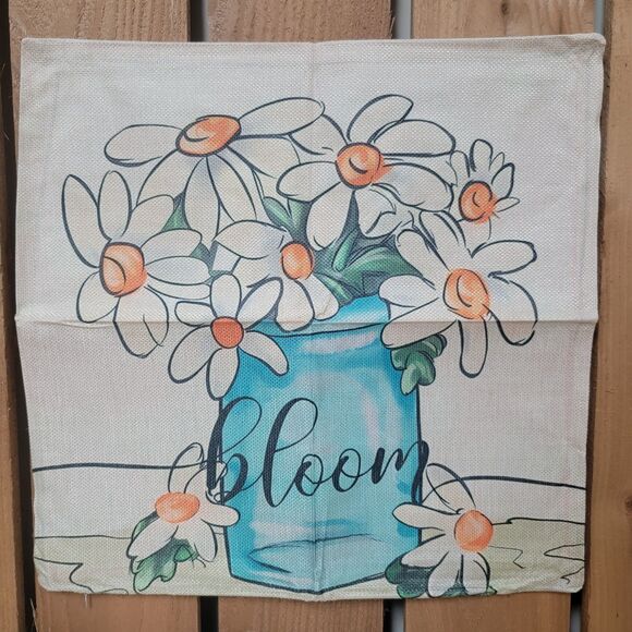 Pair of Canvas Pillow Covers Spring Beige Flowers Vase Blue 18x18" New - Picture 2 of 4